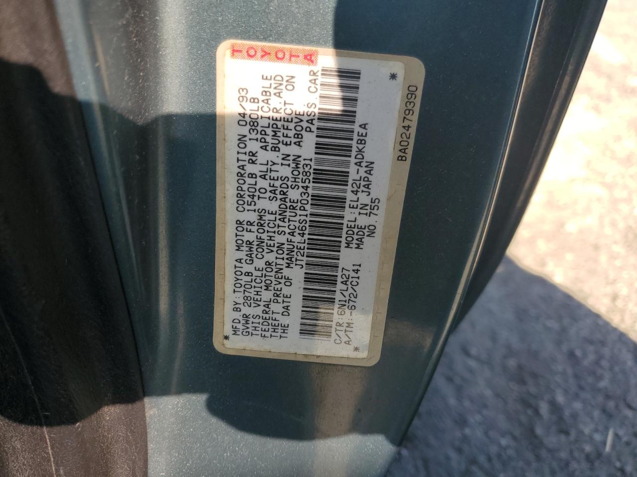 1993 Toyota Tercel Std VIN: JT2EL46S1P0345831 Lot: 84989695