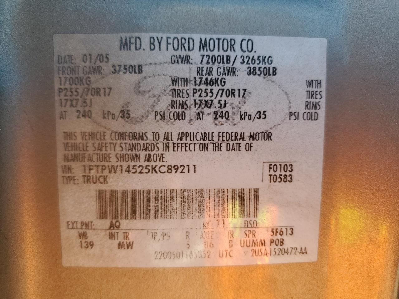 2005 Ford F150 Supercrew VIN: 1FTPW14525KC89211 Lot: 86328405