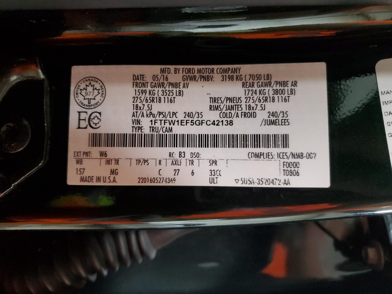 2016 Ford F150 Supercrew VIN: 1FTFW1EF5GFC42138 Lot: 89632695