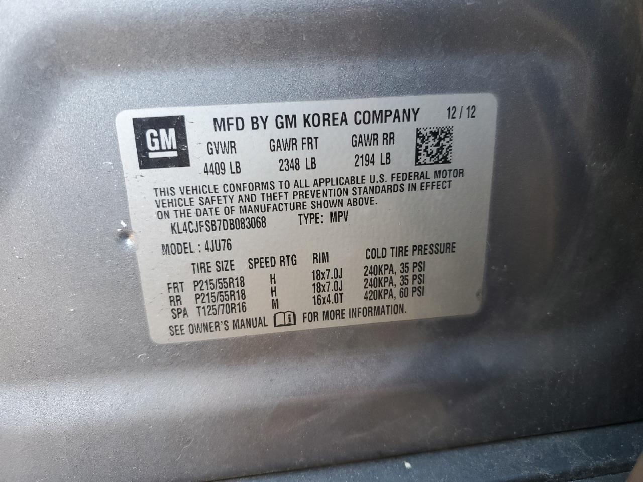 2013 Buick Encore Convenience VIN: KL4CJFSB7DB083068 Lot: 85856875