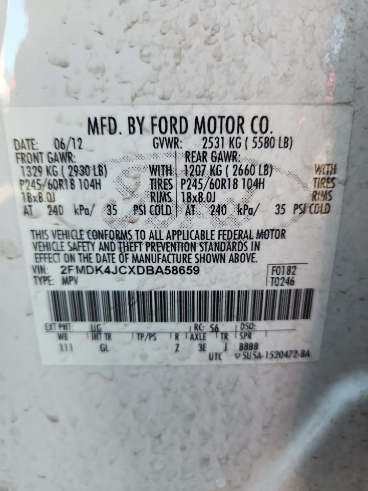 2013 Ford Edge Sel VIN: 2FMDK4JCXDBA58659 Lot: 86850655
