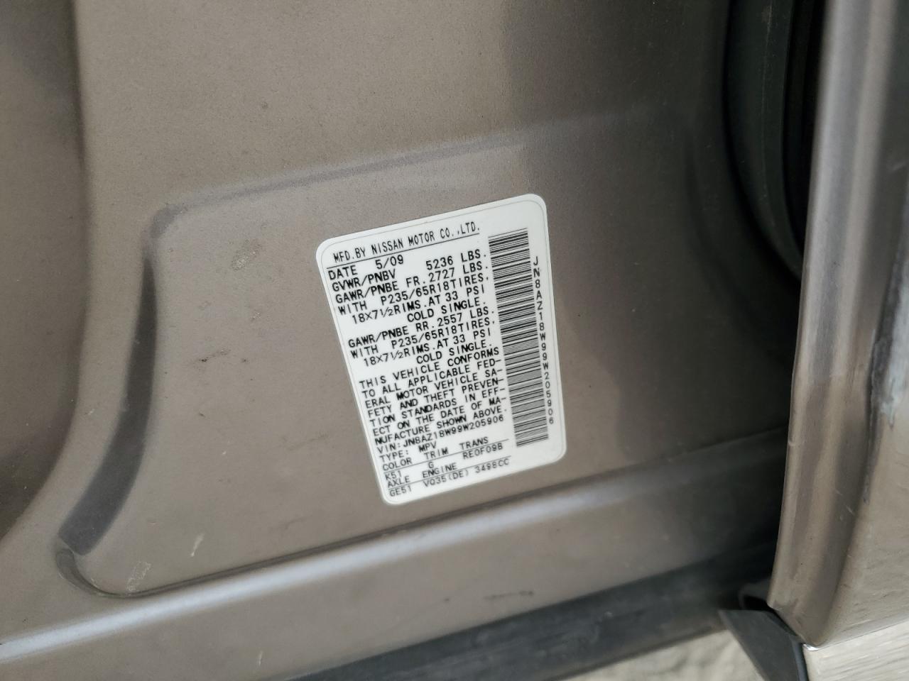 2009 Nissan Murano S VIN: JN8AZ18W99W205906 Lot: 85480535