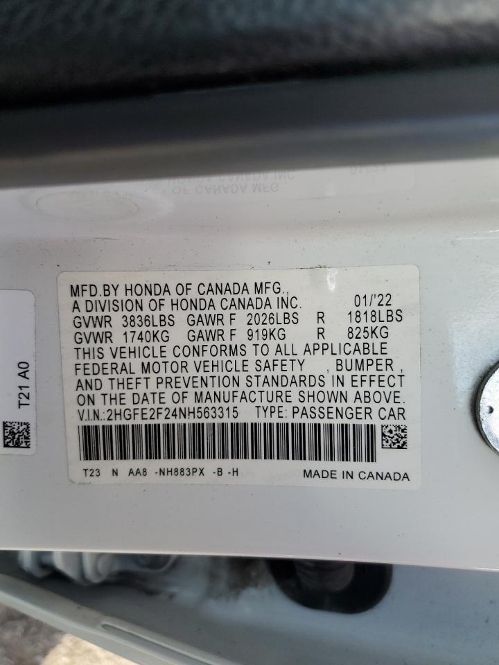 2022 Honda Civic Lx VIN: 2HGFE2F24NH563315 Lot: 86281565