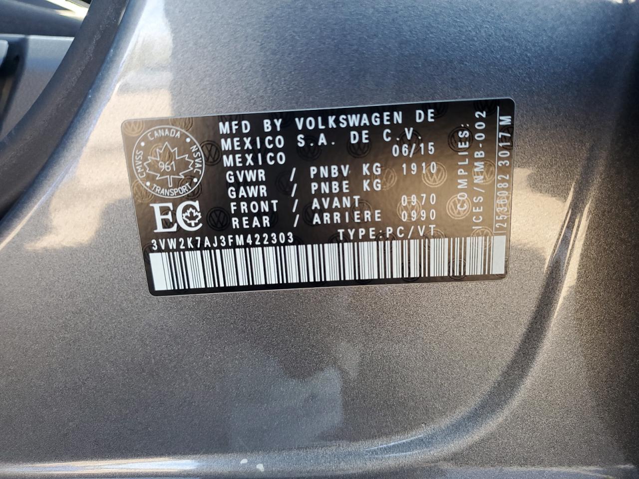 2015 Volkswagen Jetta Base VIN: 3VW2K7AJ3FM422303 Lot: 85088665