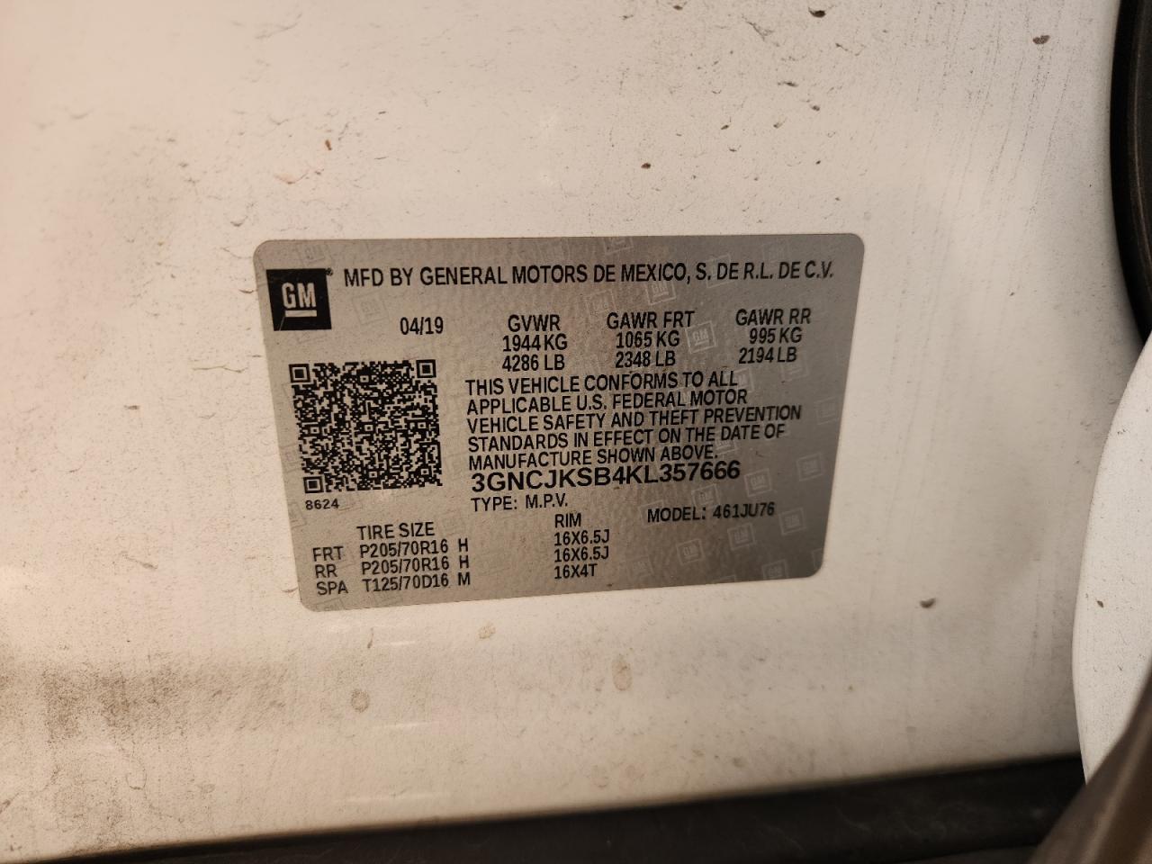 2019 Chevrolet Trax Ls VIN: 3GNCJKSB4KL357666 Lot: 90119435