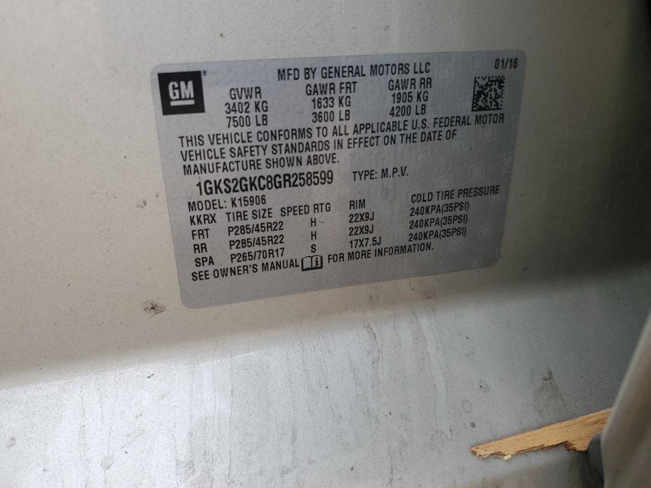 2016 GMC Yukon Xl K1500 Slt VIN: 1GKS2GKC8GR258599 Lot: 90787615