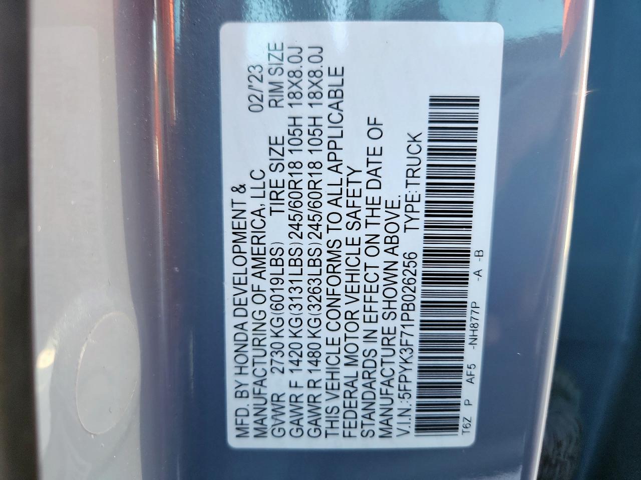 2023 Honda Ridgeline Rtl-E VIN: 5FPYK3F71PB026256 Lot: 86138045