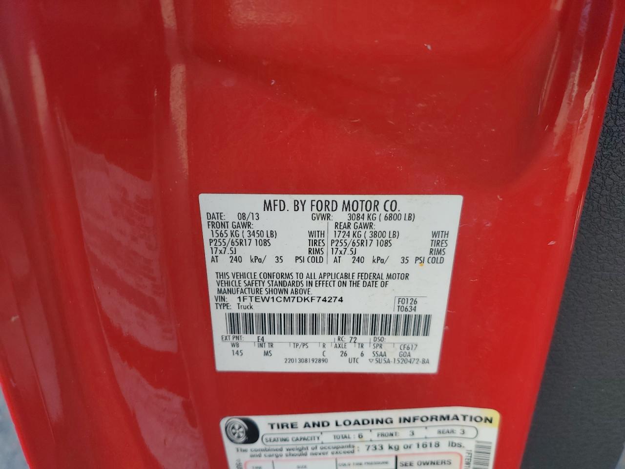 2013 Ford F150 Supercrew VIN: 1FTEW1CM7DKF74274 Lot: 82711525