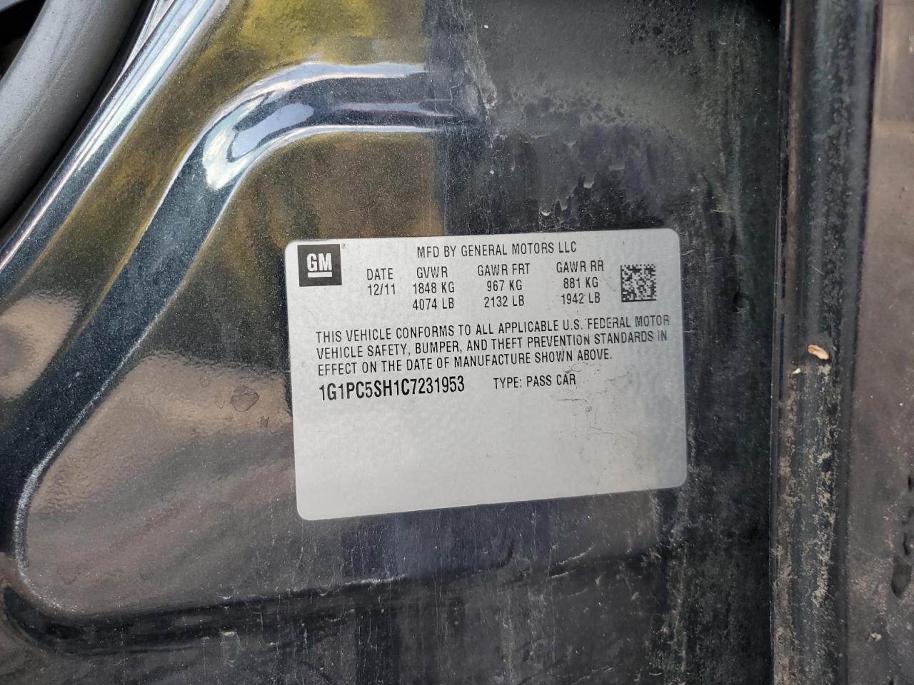 2012 Chevrolet Cruze Ls VIN: 1G1PC5SH1C7231953 Lot: 85680625