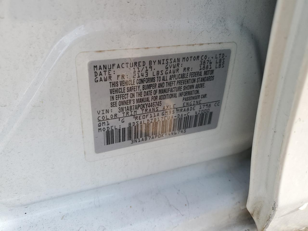 2019 Nissan Sentra S VIN: 3N1AB7AP0KY446745 Lot: 84424675