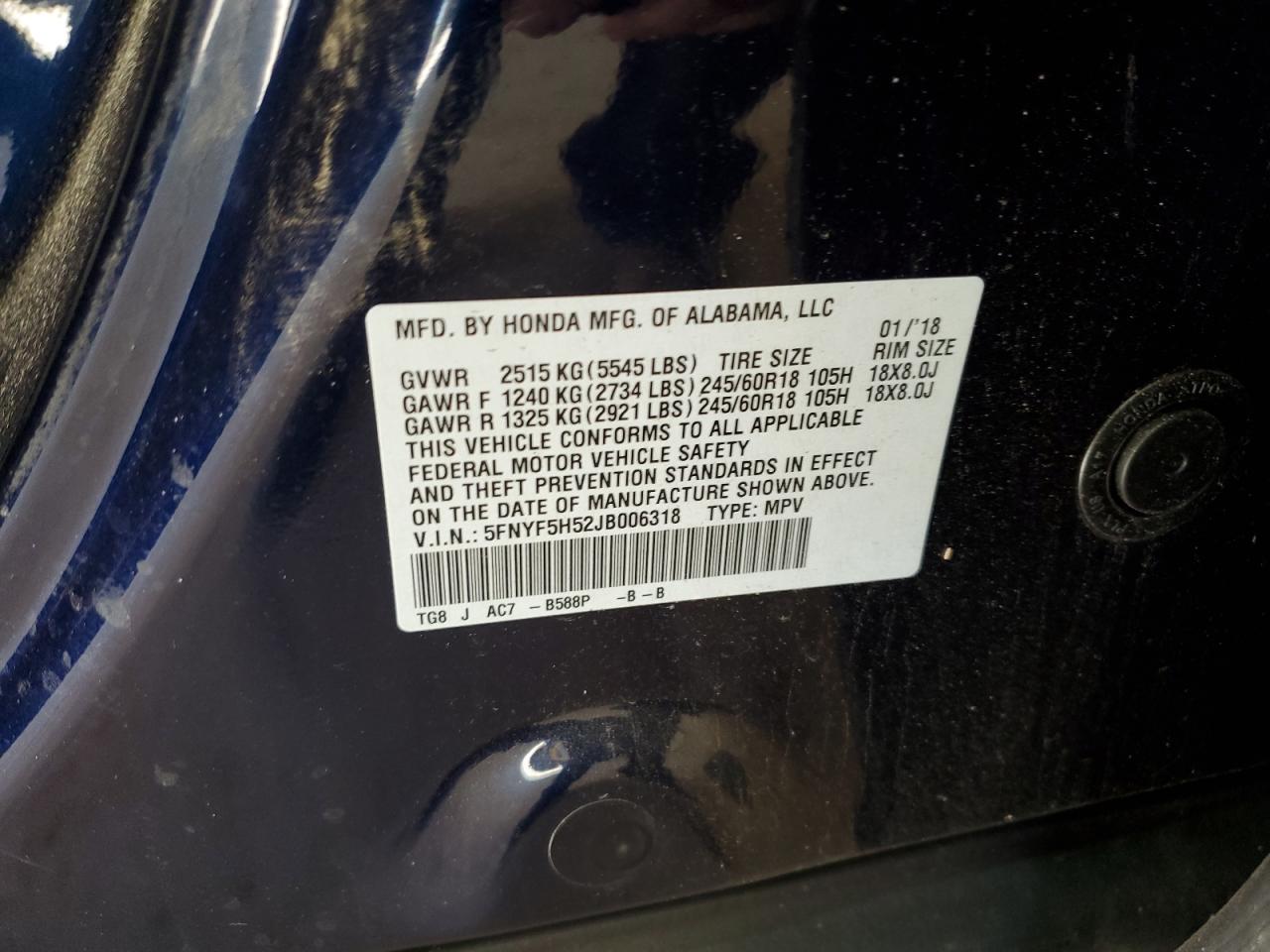 2018 Honda Pilot Exl VIN: 5FNYF5H52JB006318 Lot: 82746915