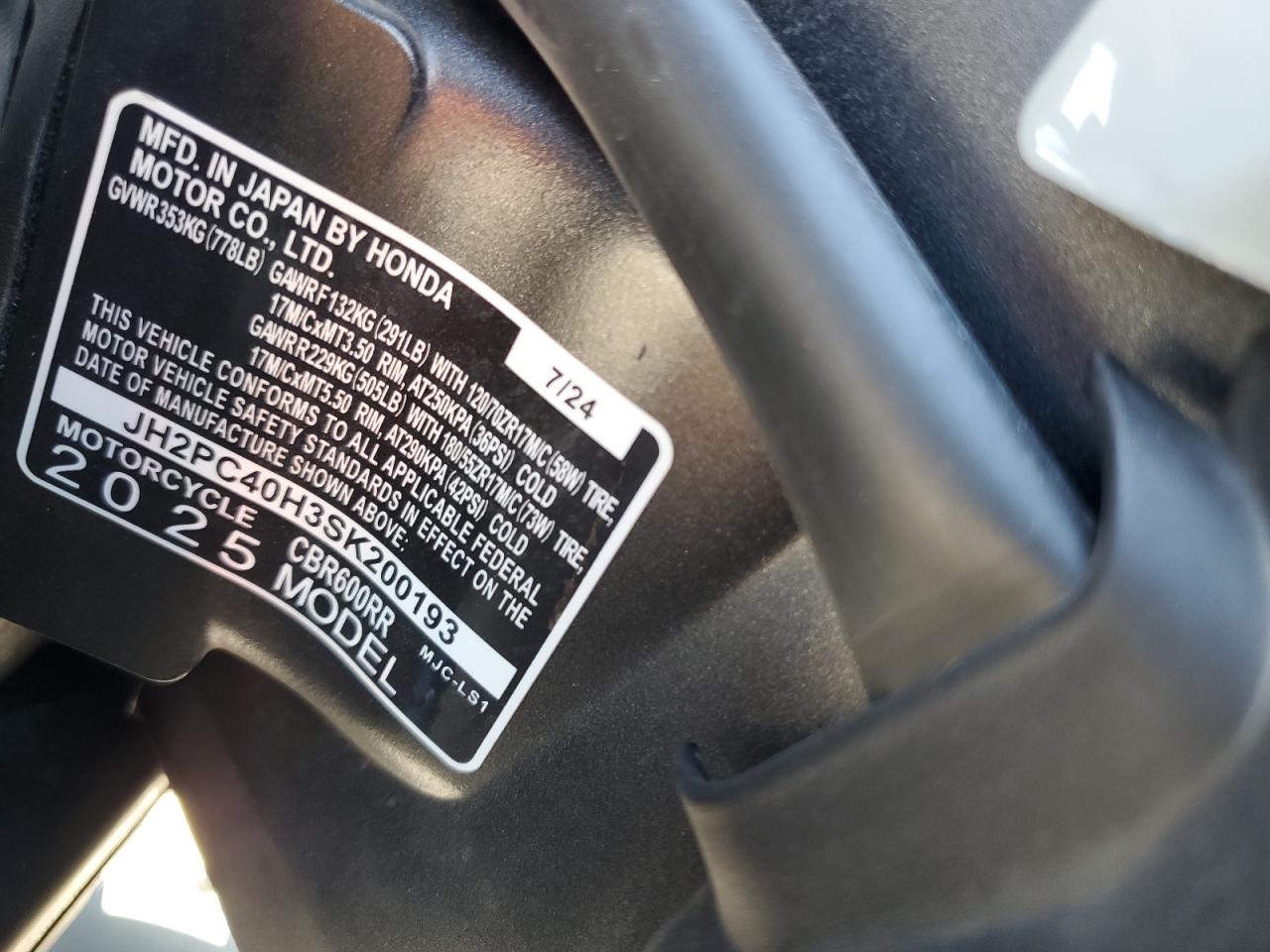 2025 Honda Cbr600 Rr VIN: JH2PC40H3SK200193 Lot: 82520675