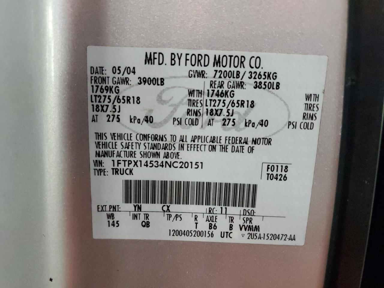 2004 Ford F150 VIN: 1FTPX14534NC20151 Lot: 85521425