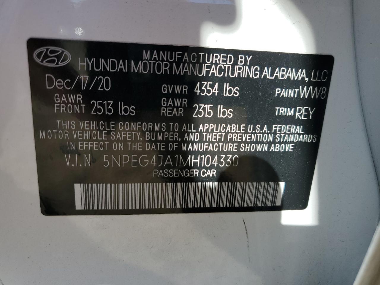 2021 Hyundai Sonata Se VIN: 5NPEG4JA1MH104330 Lot: 85852135