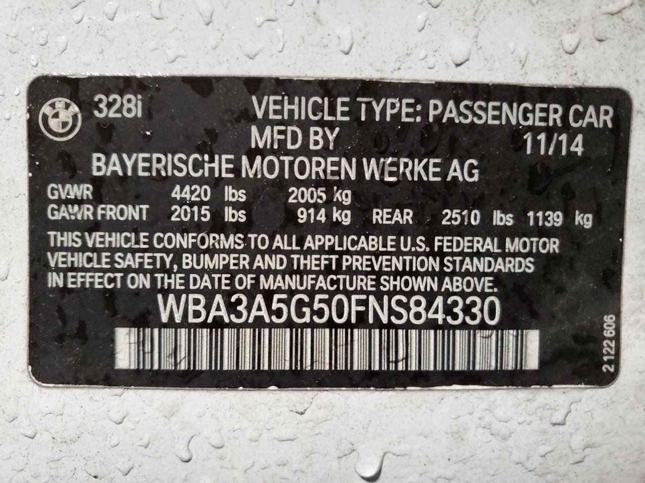 2015 BMW 328 I VIN: WBA3A5G50FNS84330 Lot: 86067595