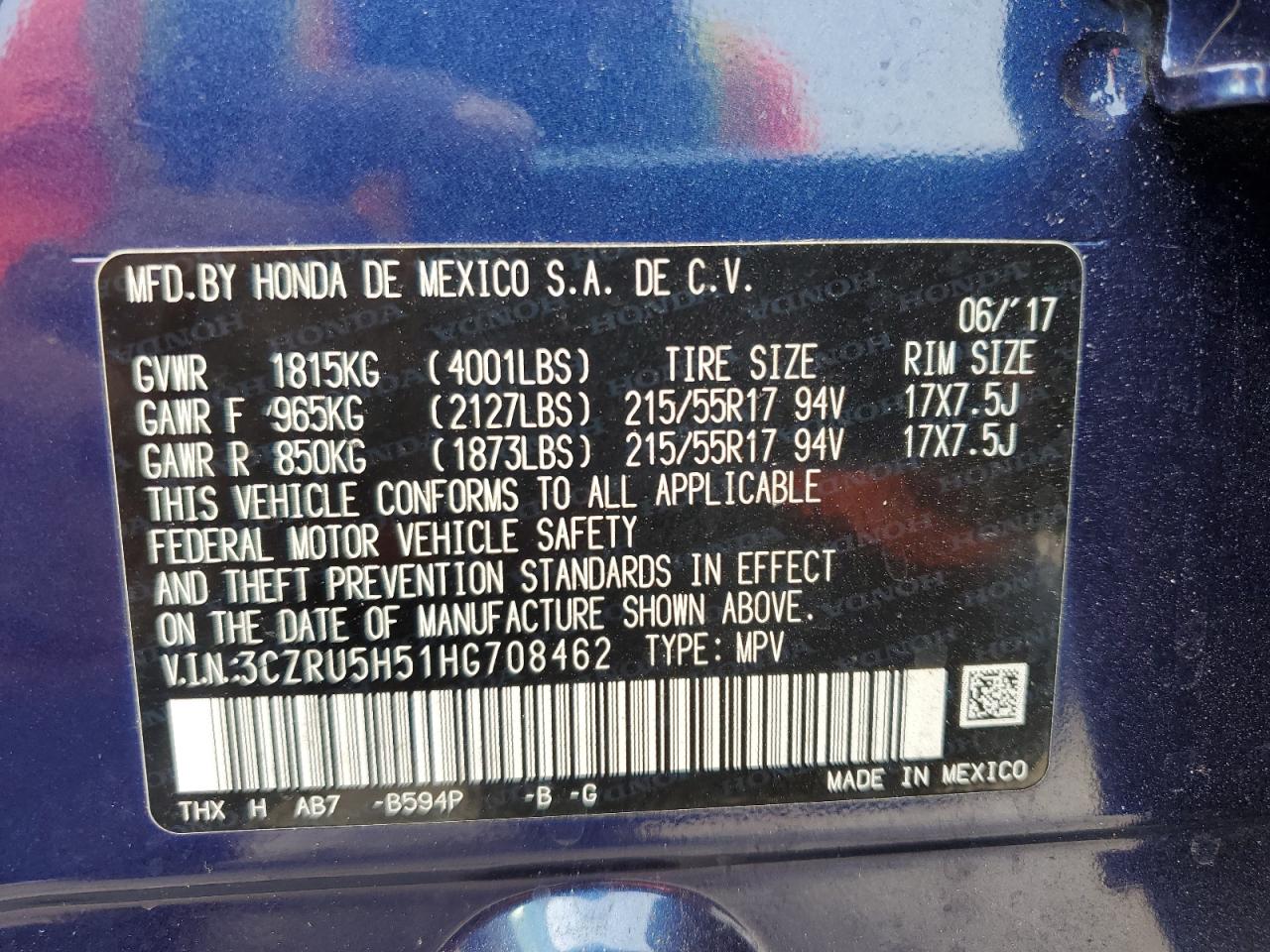 2017 Honda Hr-V Ex VIN: 3CZRU5H51HG708462 Lot: 85919445