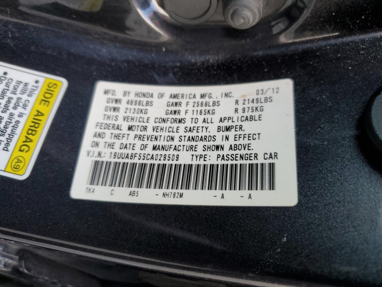 2012 Acura Tl VIN: 19UUA8F55CA029509 Lot: 85186285