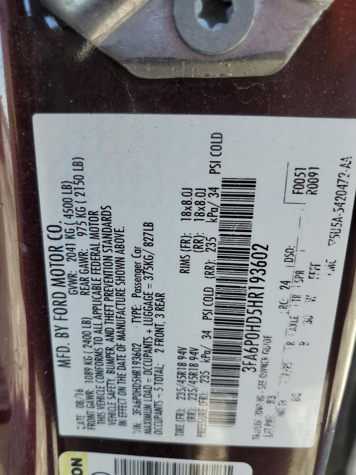 2017 Ford Fusion Se VIN: 3FA6P0HD5HR193602 Lot: 89818805