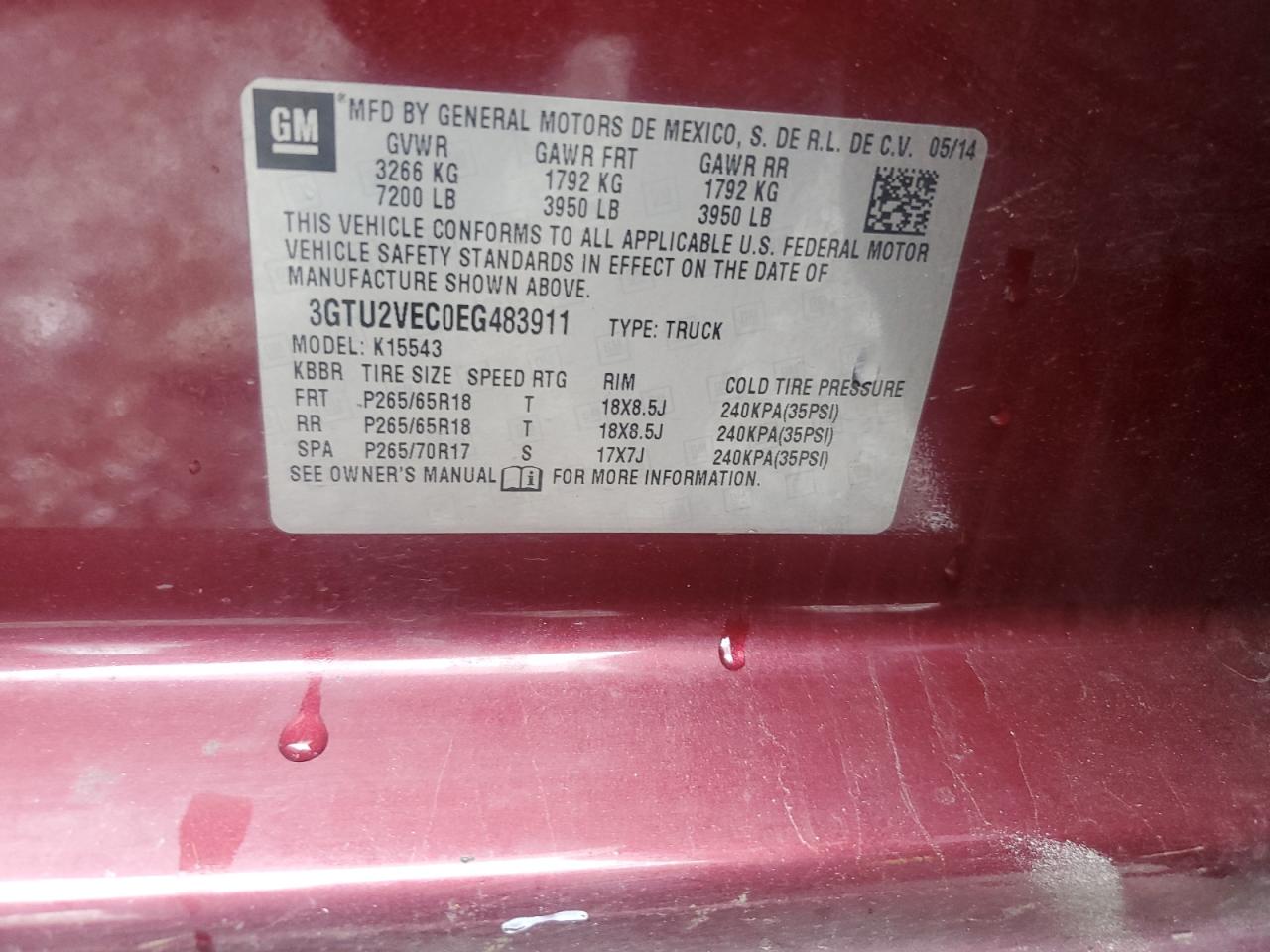 2014 GMC Sierra K1500 Slt VIN: 3GTU2VEC0EG483911 Lot: 80389565