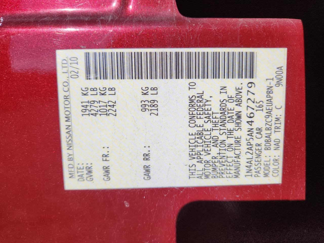 2010 Nissan Altima Base VIN: 1N4AL2AP5AN467279 Lot: 84989235