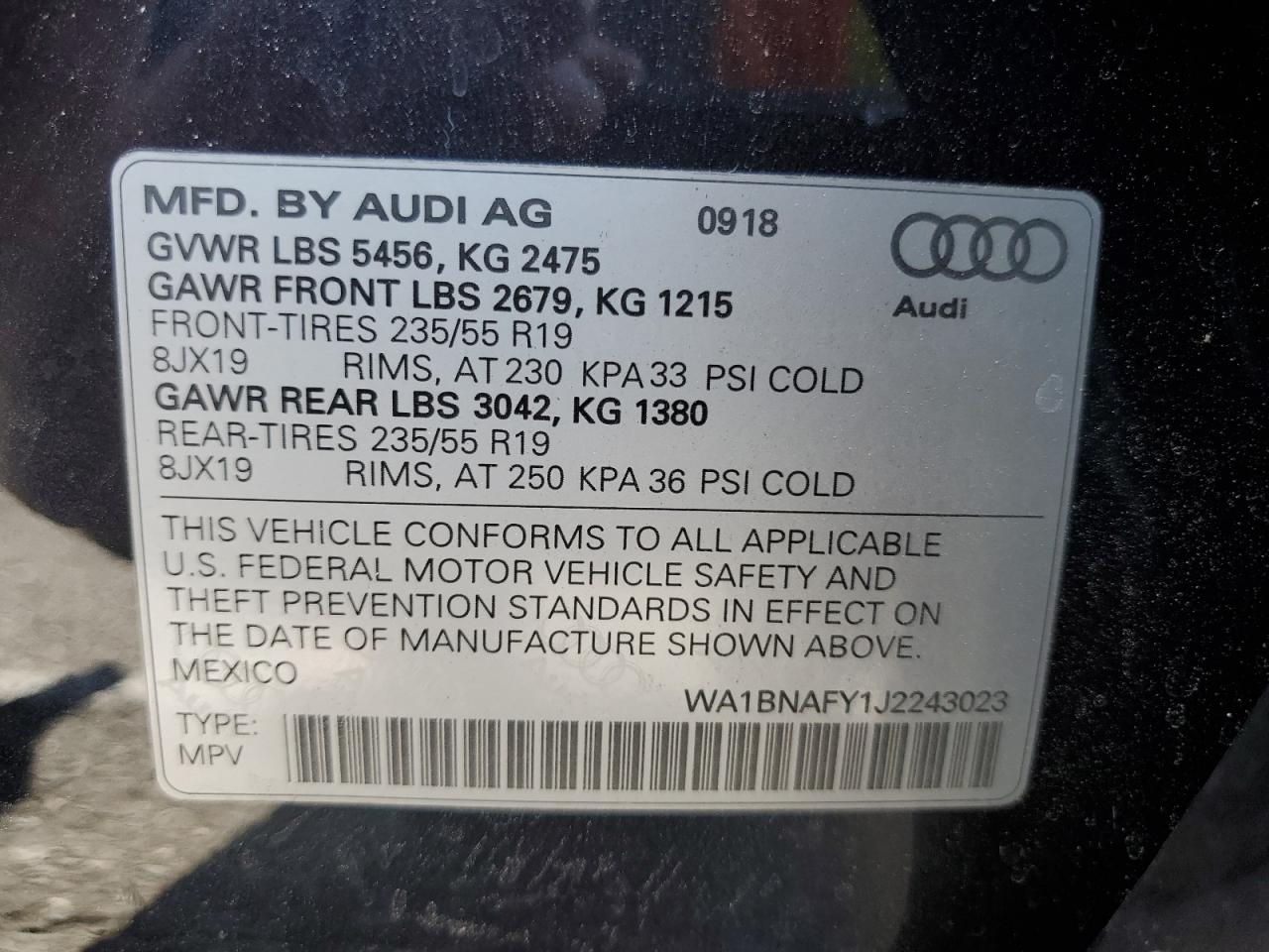 2018 Audi Q5 Premium Plus VIN: WA1BNAFY1J2243023 Lot: 85901025