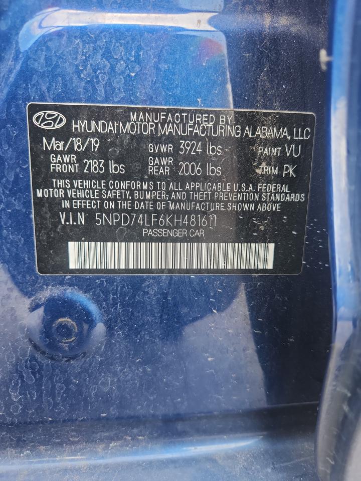 2019 Hyundai Elantra Se VIN: 5NPD74LF6KH481611 Lot: 85187235