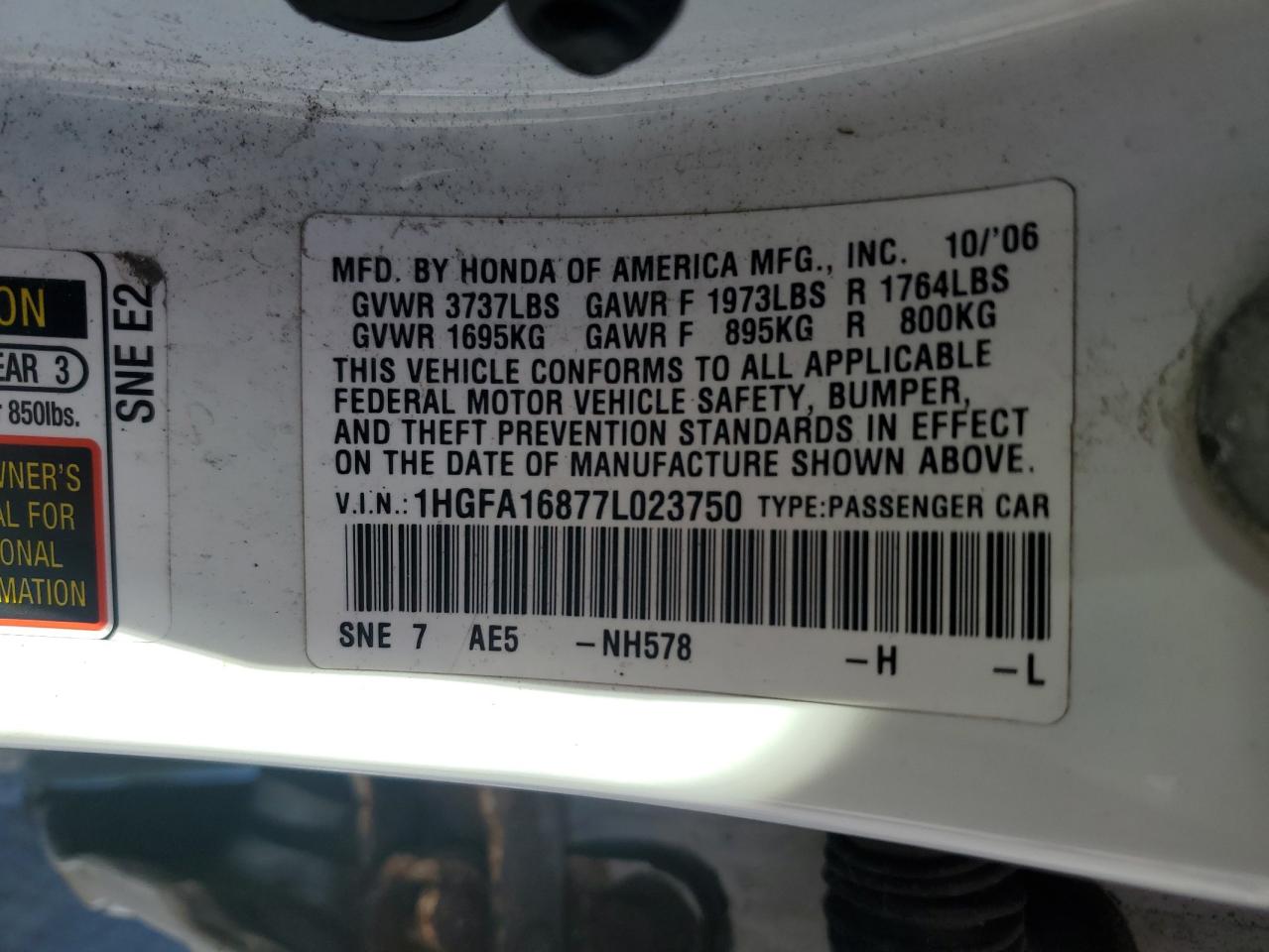 2007 Honda Civic Ex VIN: 1HGFA16877L023750 Lot: 82221345