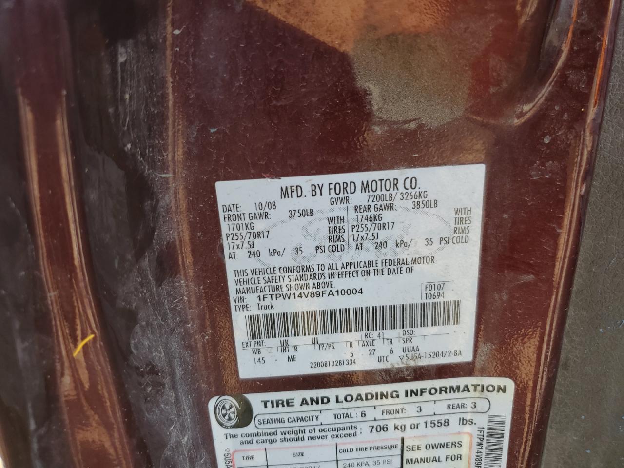 2009 Ford F150 Supercrew VIN: 1FTPW14V89FA10004 Lot: 85285025