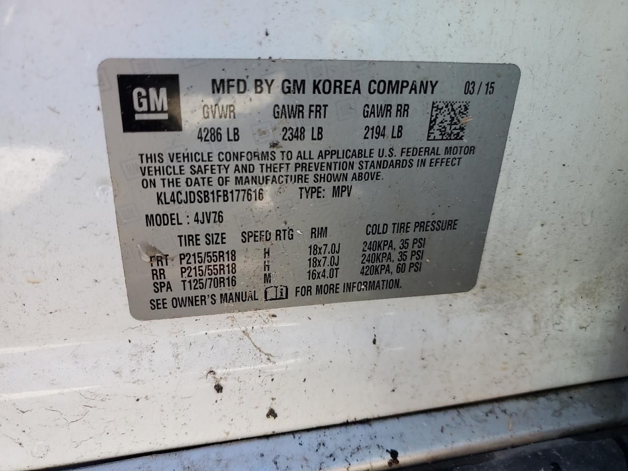 2015 Buick Encore Premium VIN: KL4CJDSB1FB177616 Lot: 86878465