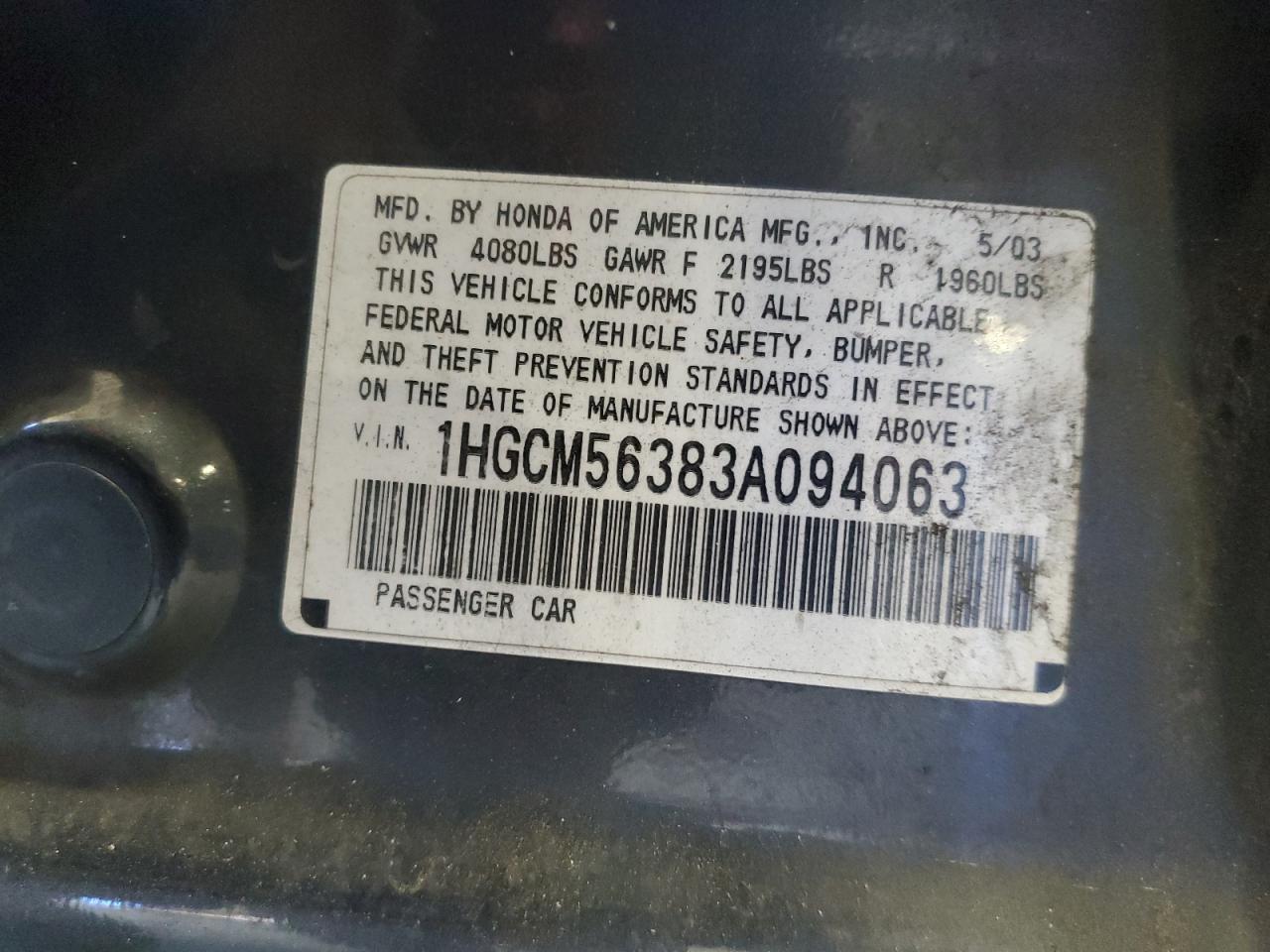 2003 Honda Accord Lx VIN: 1HGCM56383A094063 Lot: 86788285