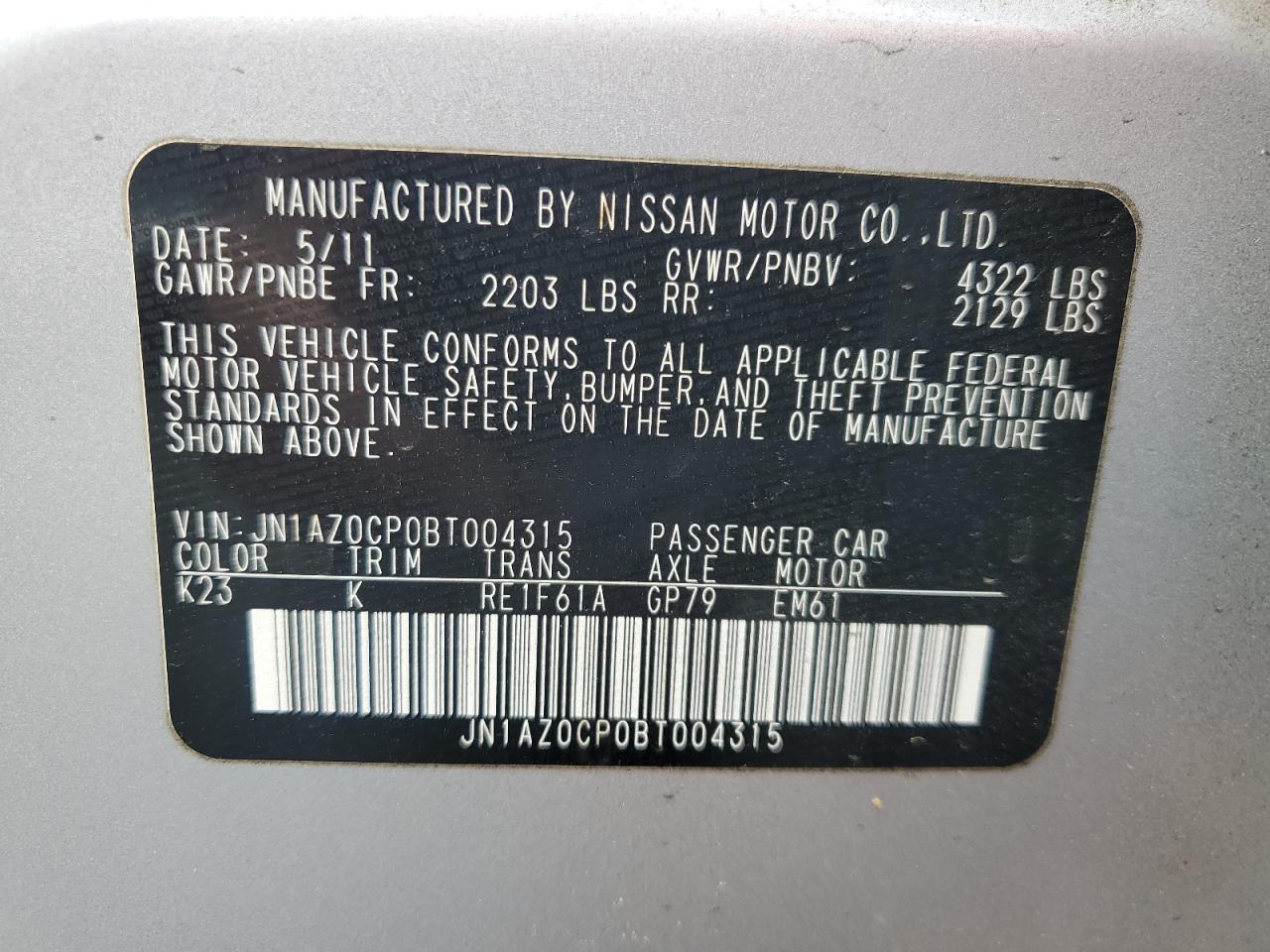 2011 Nissan Leaf Sv VIN: JN1AZ0CP0BT004315 Lot: 90547125