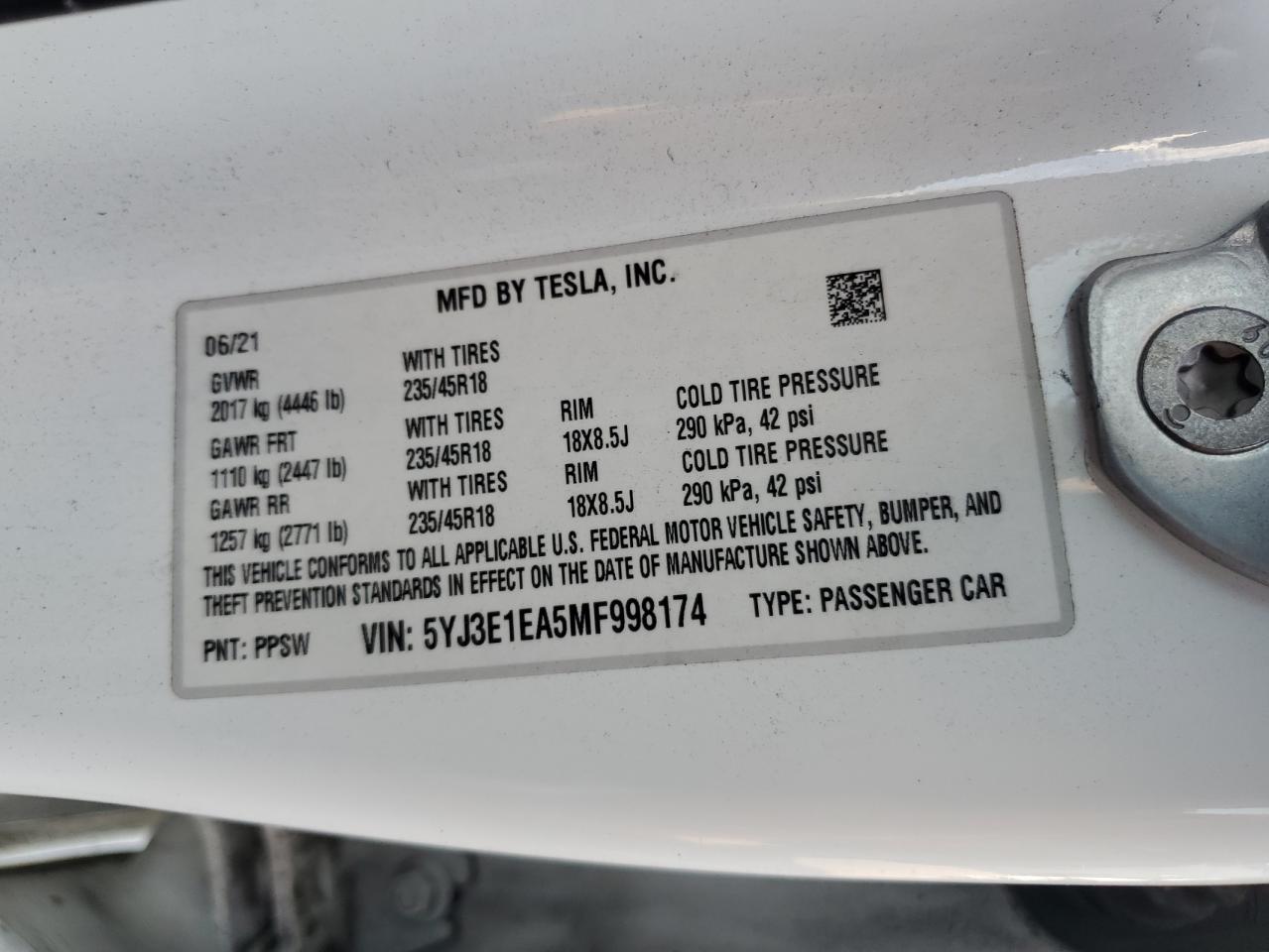 2021 Tesla Model 3 VIN: 5YJ3E1EA5MF998174 Lot: 86132635