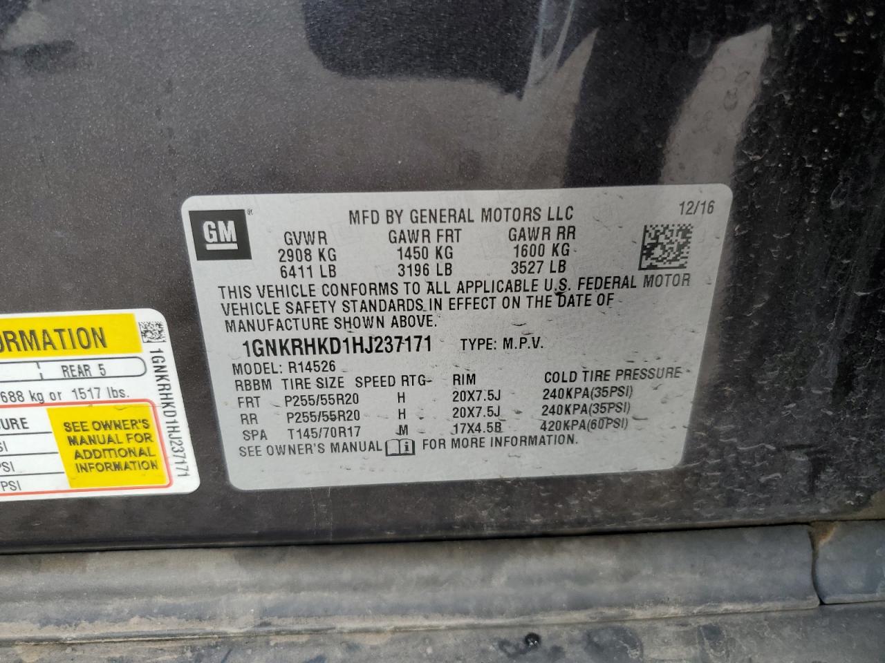 2017 Chevrolet Traverse Lt VIN: 1GNKRHKD1HJ237171 Lot: 85187285