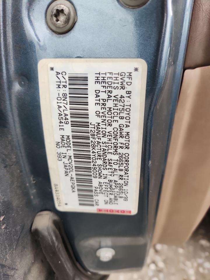 2000 Toyota Camry Le VIN: JT2BF28K4Y0249009 Lot: 90515195