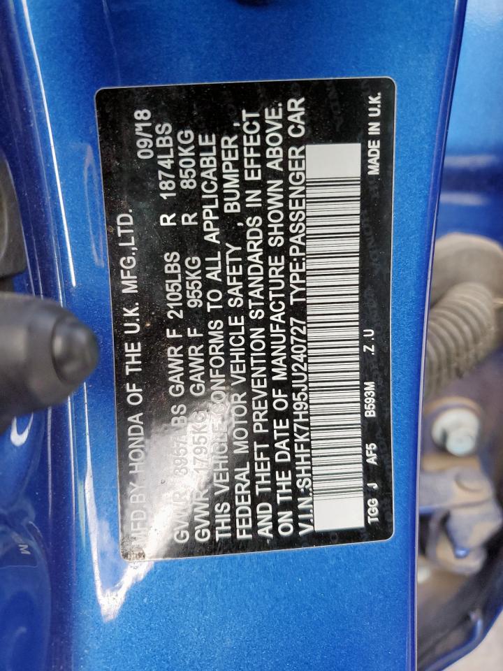 2018 Honda Civic Sport Touring VIN: SHHFK7H95JU240727 Lot: 85579915