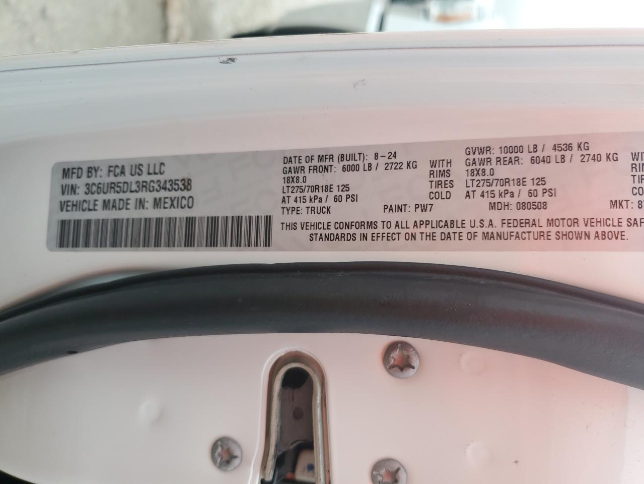 2024 Ram 2500 Big Horn VIN: 3C6UR5DL3RG343538 Lot: 86099365