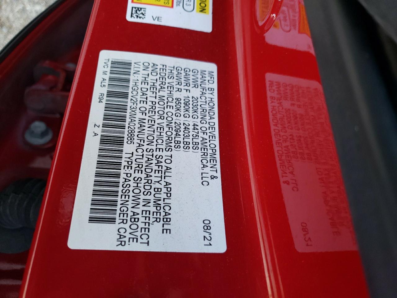2021 Honda Accord Sport VIN: 1HGCV2F3XMA028885 Lot: 85587585