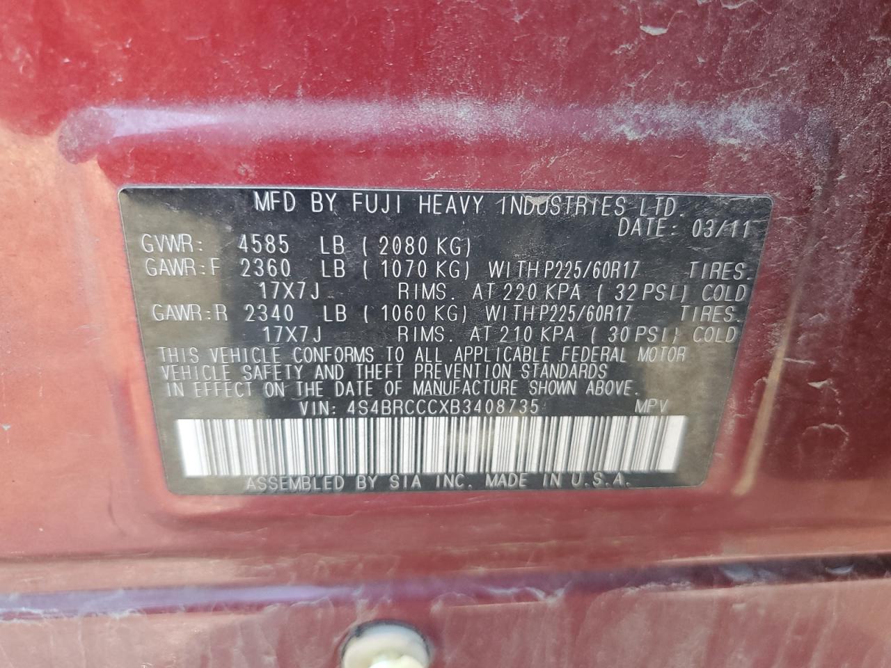 2011 Subaru Outback 2.5I Premium VIN: 4S4BRCCCXB3408735 Lot: 85520445