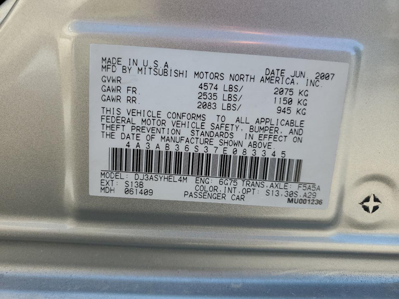 2007 Mitsubishi Galant Ls VIN: 4A3AB36S37E083345 Lot: 84976075