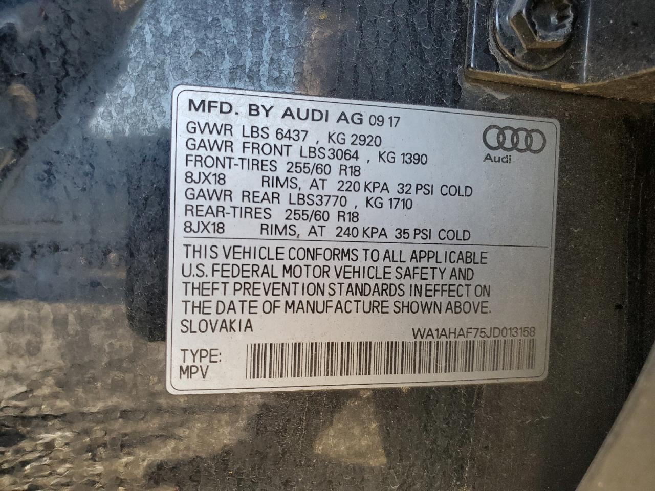 2018 Audi Q7 Premium VIN: WA1AHAF75JD013158 Lot: 89650175