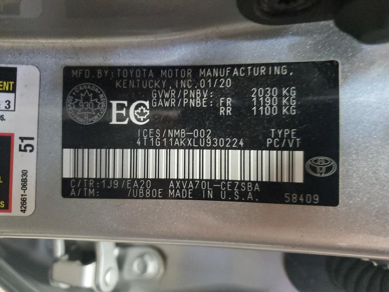 2020 Toyota Camry Se VIN: 4T1G11AKXLU930224 Lot: 85818355