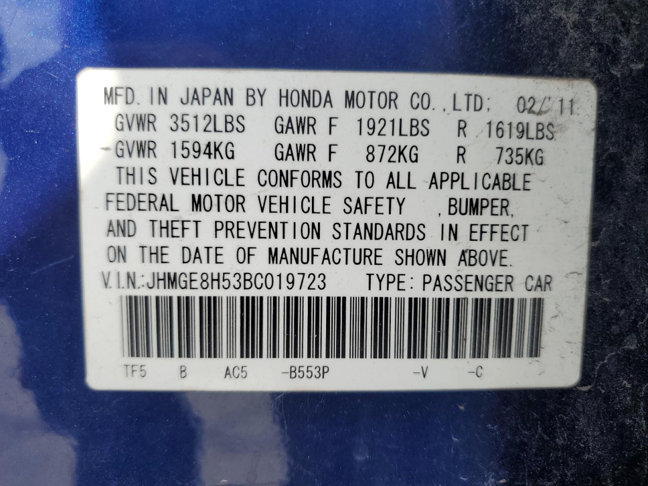 2011 Honda Fit Sport VIN: JHMGE8H53BC019723 Lot: 84375705