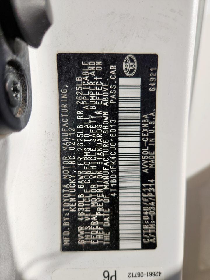 2012 Toyota Camry Hybrid VIN: 4T1BD1FK4CU016013 Lot: 85202975