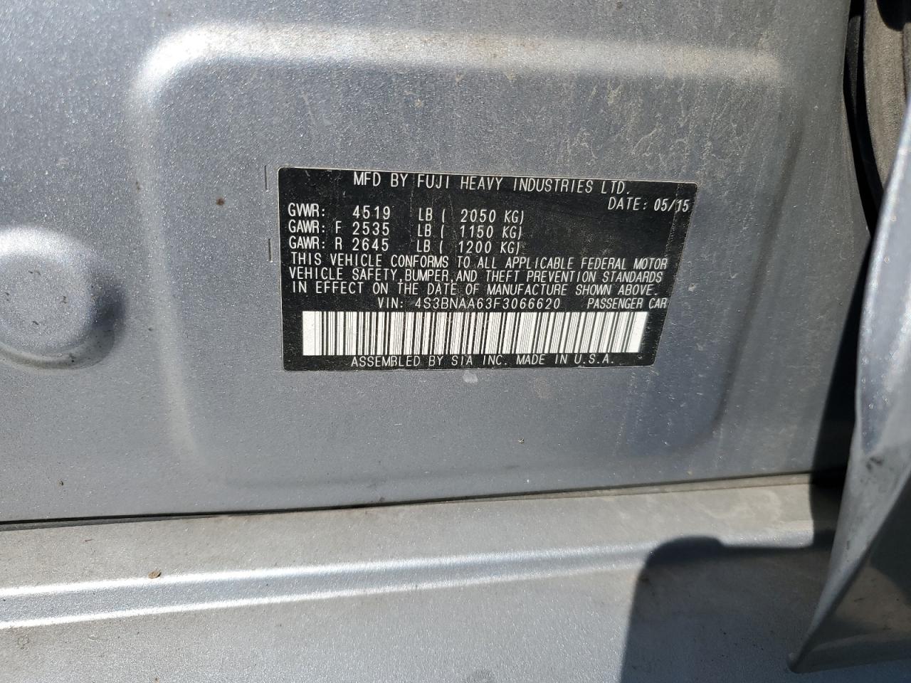 2015 Subaru Legacy 2.5I VIN: 4S3BNAA63F3066620 Lot: 86073185