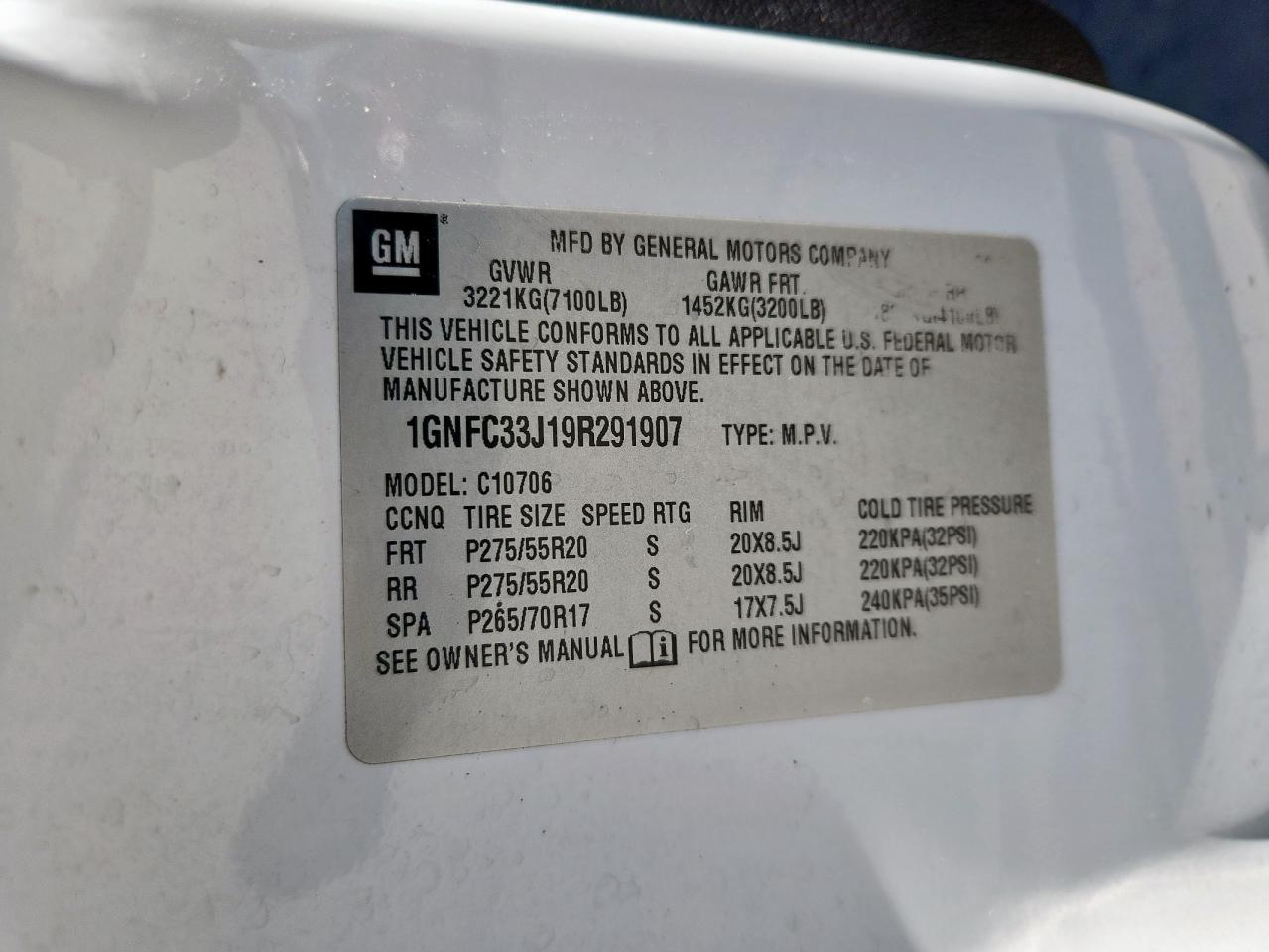 2009 Chevrolet Tahoe C1500 Ltz VIN: 1GNFC33J19R291907 Lot: 84925375