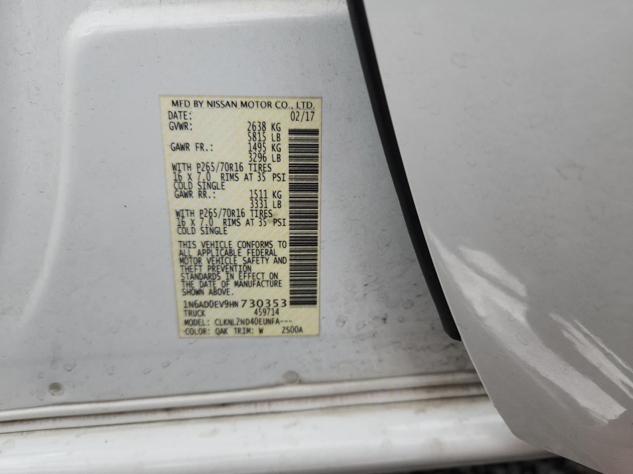 2017 Nissan Frontier S VIN: 1N6AD0EV9HN730353 Lot: 82376725