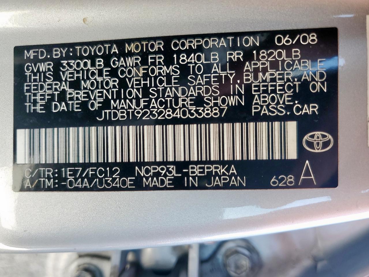 2008 Toyota Yaris VIN: JTDBT923284033887 Lot: 86071675