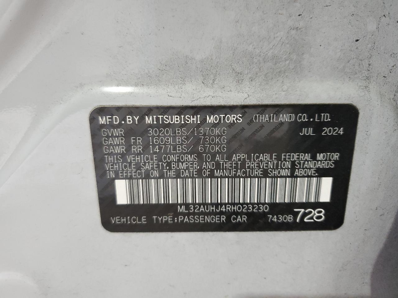 2024 Mitsubishi Mirage Es VIN: ML32AUHJ4RH023230 Lot: 82681915