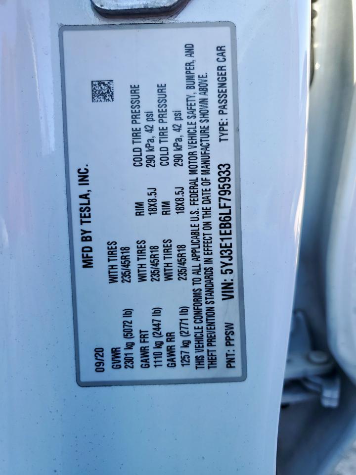 2020 Tesla Model 3 VIN: 5YJ3E1EB6LF795933 Lot: 85409135