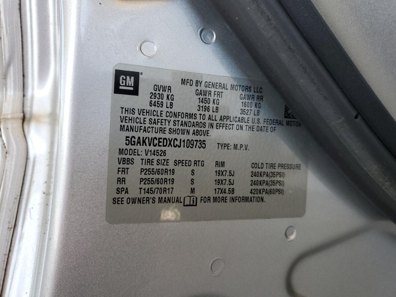 2012 Buick Enclave VIN: 5GAKVCEDXCJ109735 Lot: 86294685